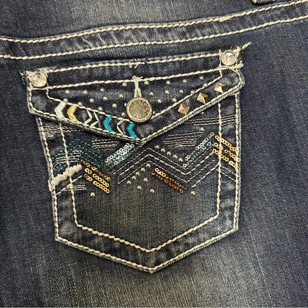 Warehouse Premium Denim Dark Blue Slim Embellished Denim Capris 14 - Picture 6 of 10